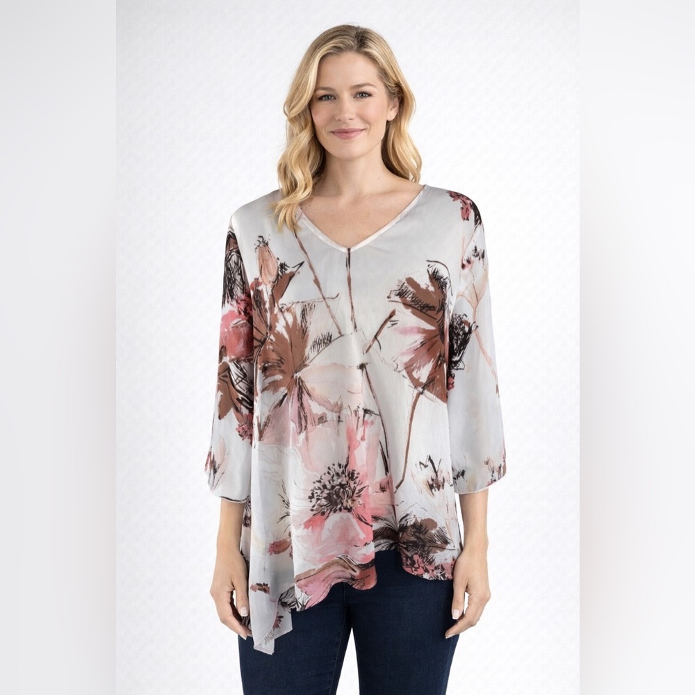 Chico’s Blouse Size 1 Medium Floral Lightweight V Neck Sheer Top Asymmetrical